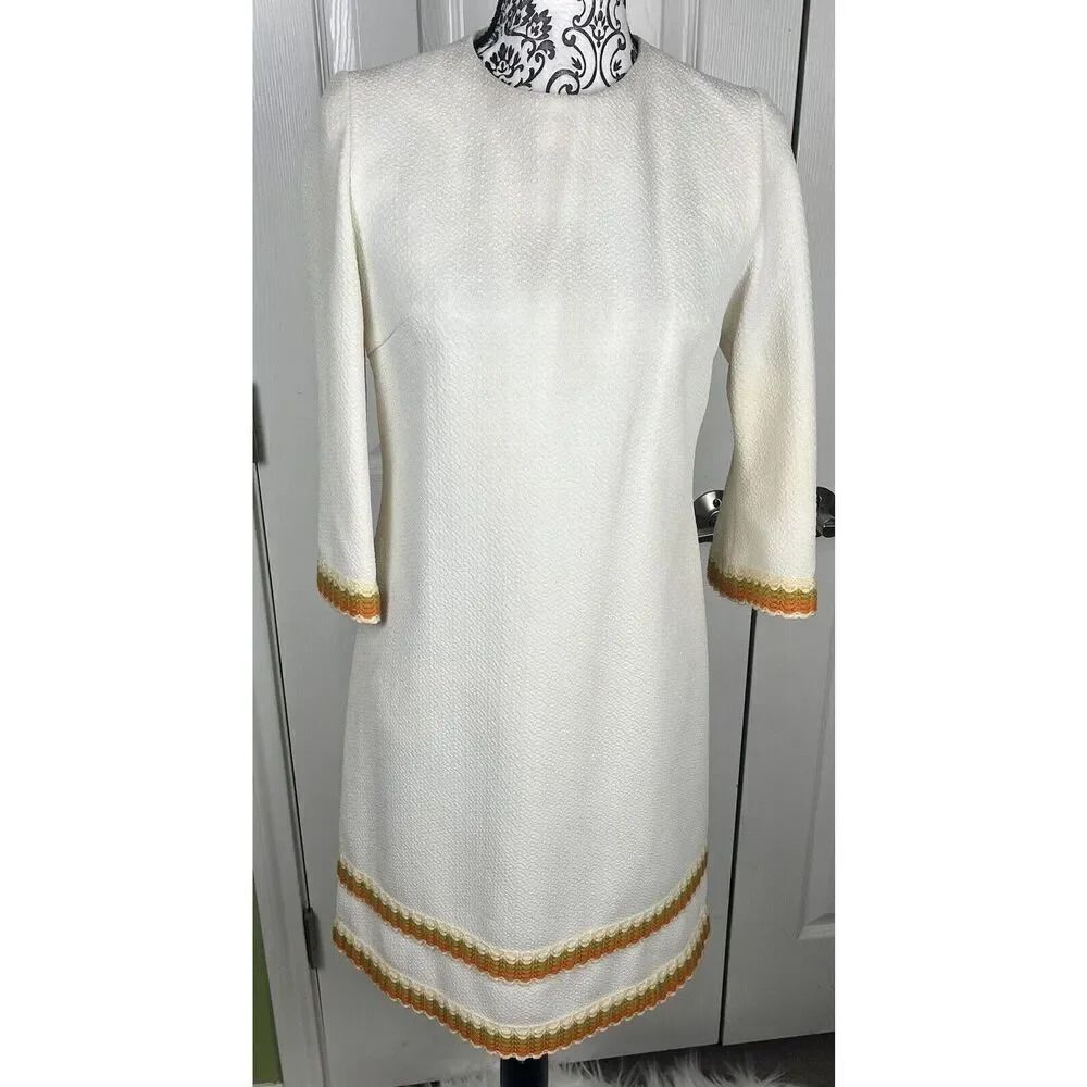 Vintage 1970s Ivory Embroidered Tunic Dress Women’s Size 36/6